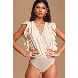 Lulus Smile Awhile Beige Ruffled Surplice Bodysuit – Size M